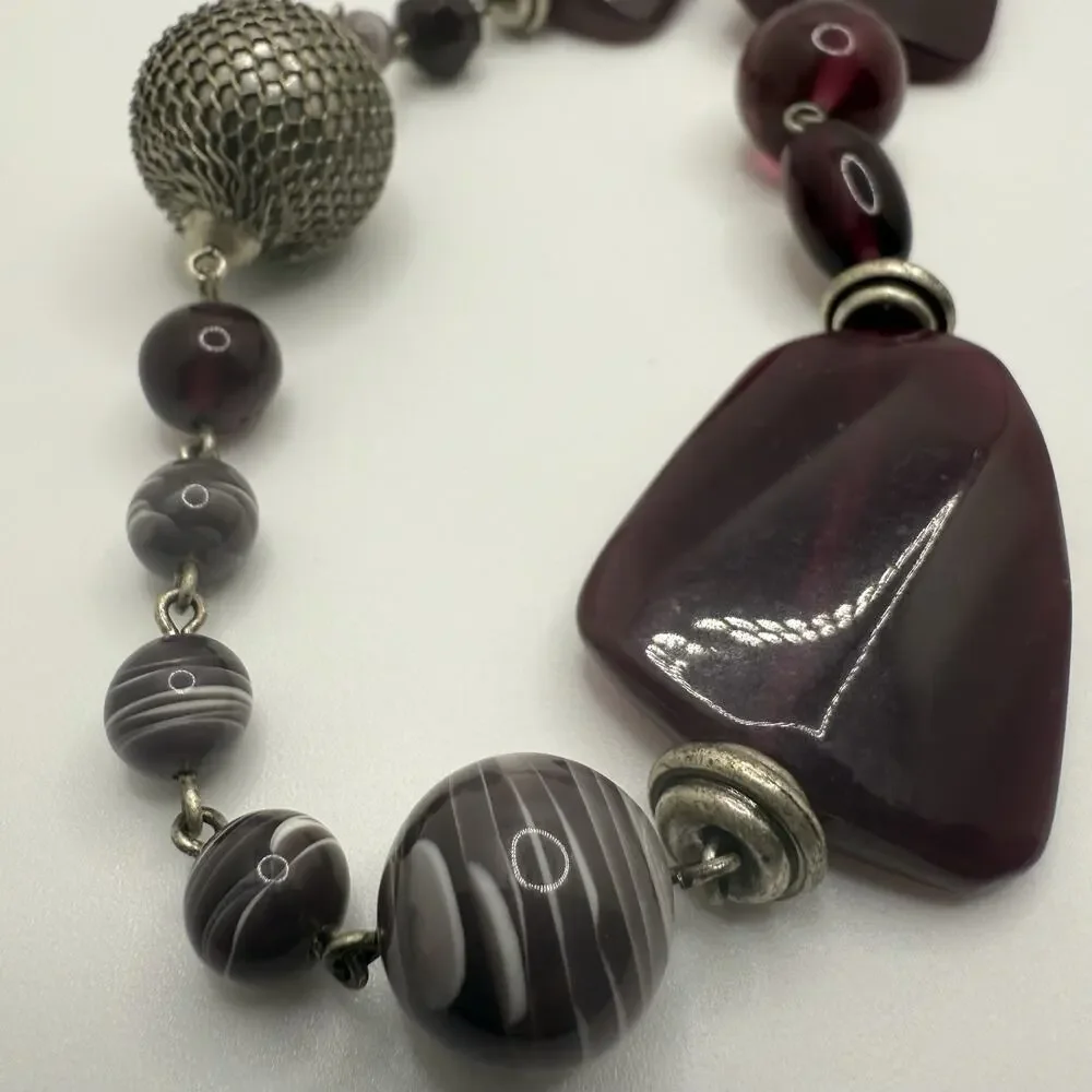 Purple‎ Beaded Necklace Silver Tone Asymmetrical Adjustable 27-30”